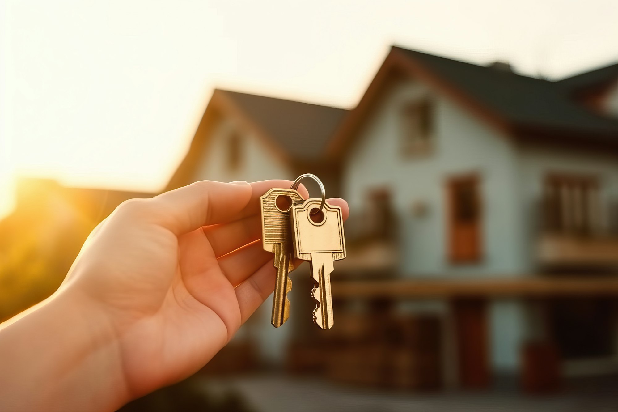 Photo of a person holding two keys in front of a house ready to move in